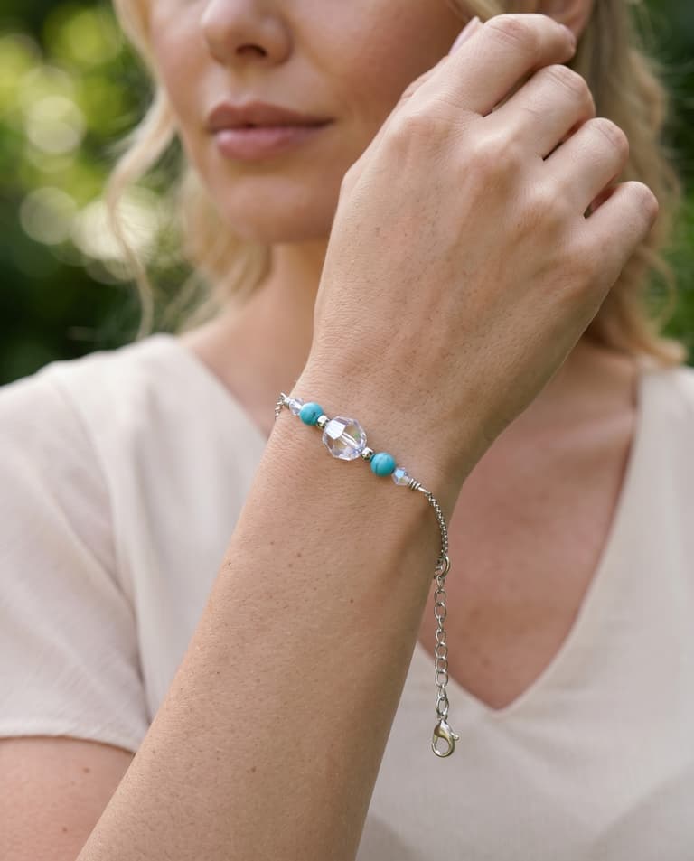 Silver Bracelet with White Crystal and Turquoise Stones