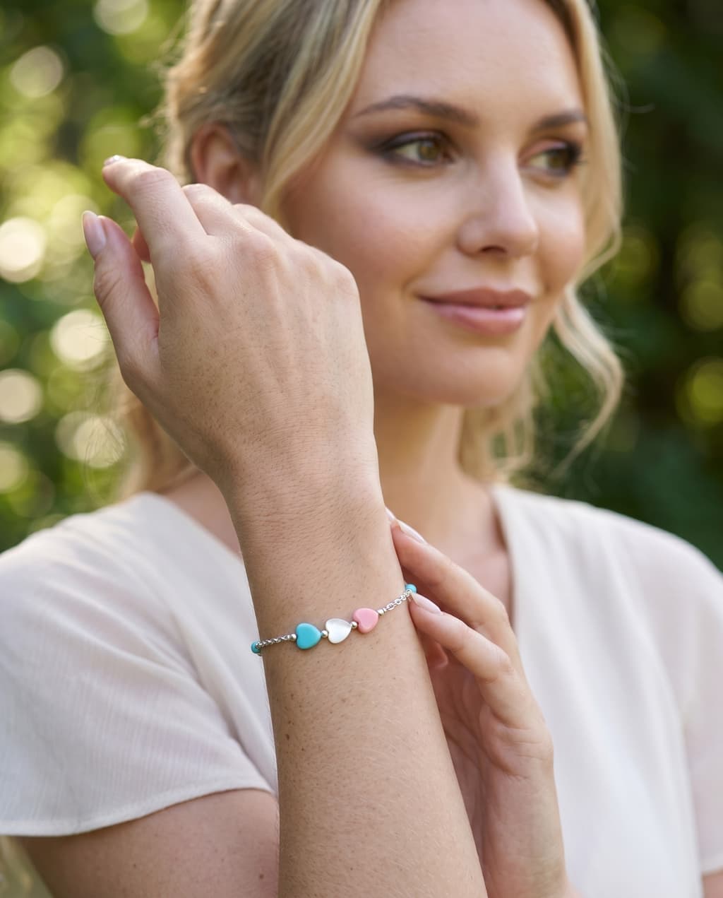 Silver Bracelet with Pastel Heart Beads and Turquoise