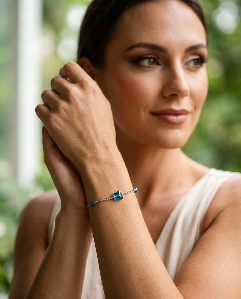 Silver Anklet with Blue Light Transparent Butterfly