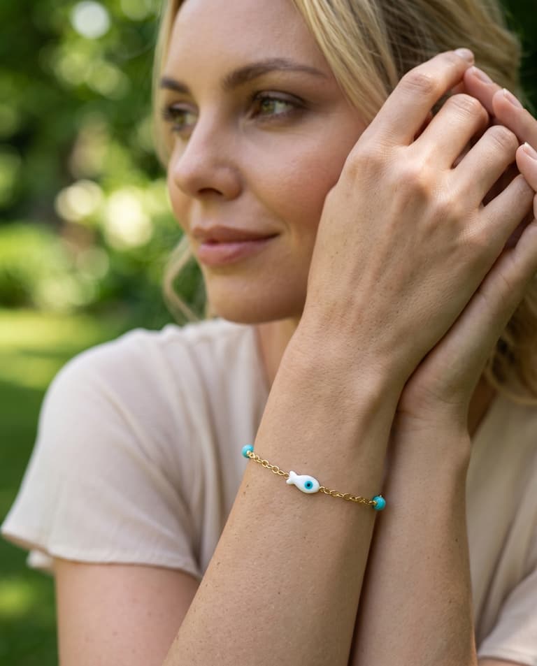 Gold-Plated Silver Fish Charm Bracelet with Turquoise