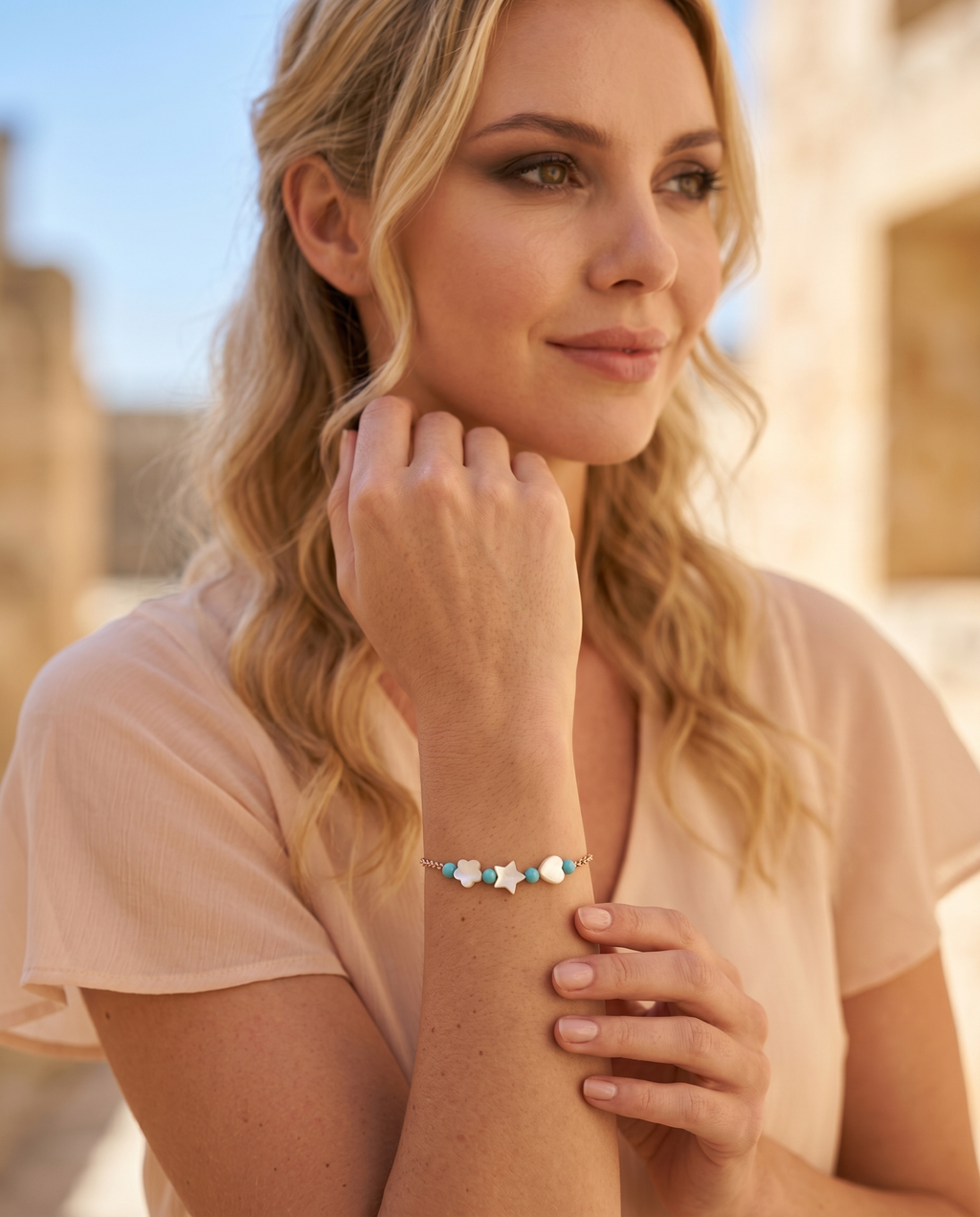 Rose Gold Plated Silver Bracelet With White Mother-of-Pearl, Heart-Star-Cross