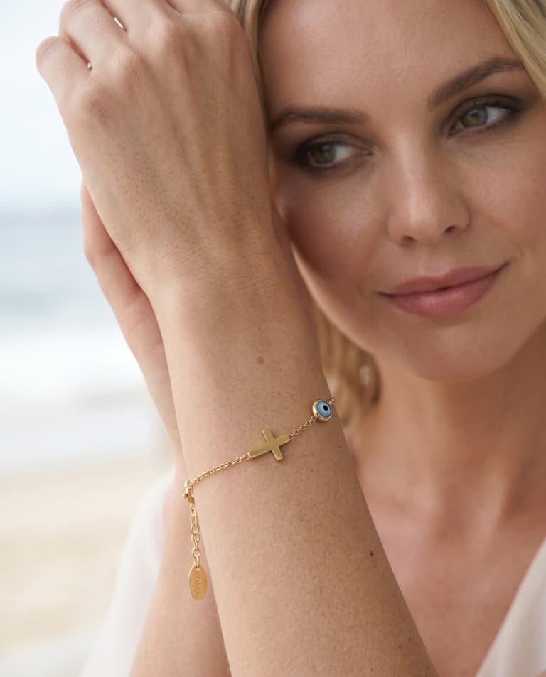 9K Gold Bracelet with Cross and Evil Eye