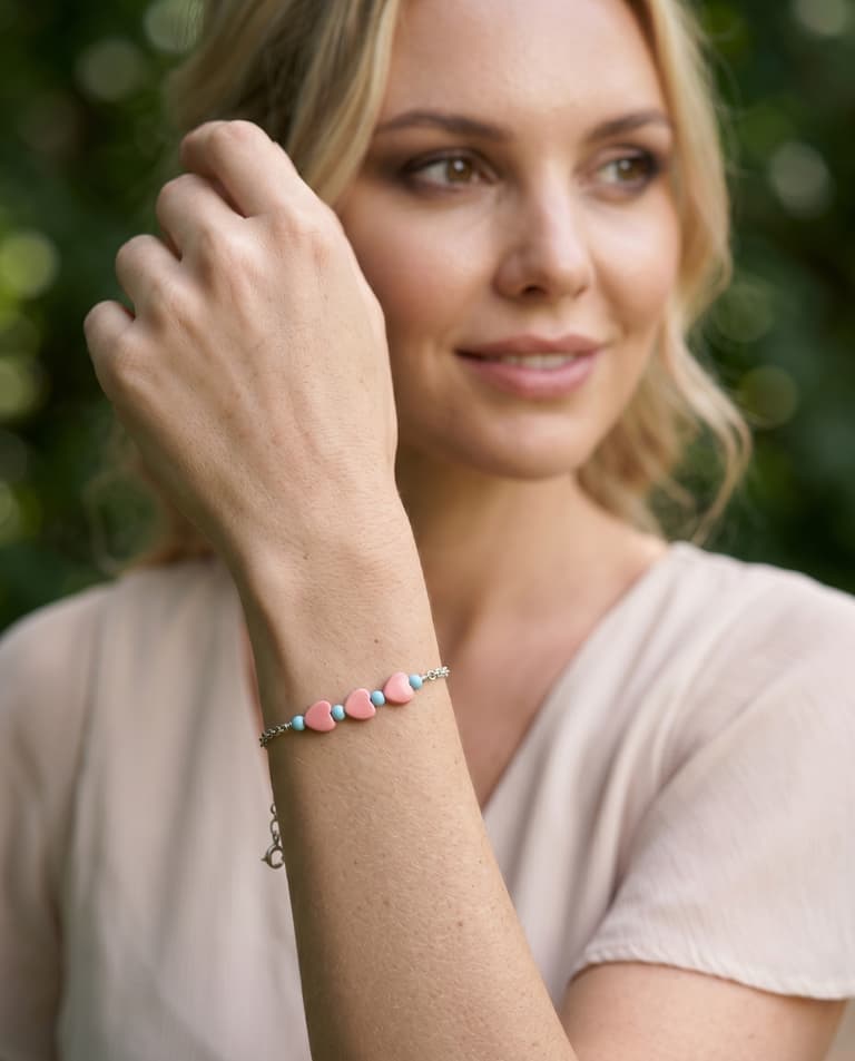 Silver Bracelet with Pink Mother-of-Pearl Hearts and Turquoise Stones