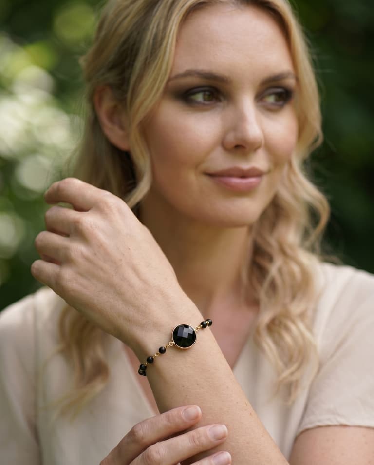 Gold Plated Silver Rosary Bracelet with Onyx Stones