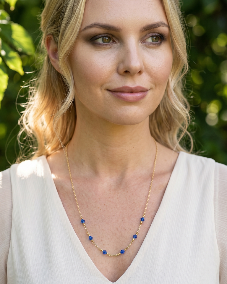 Gold-Plated Silver Necklace with Blue Crystals