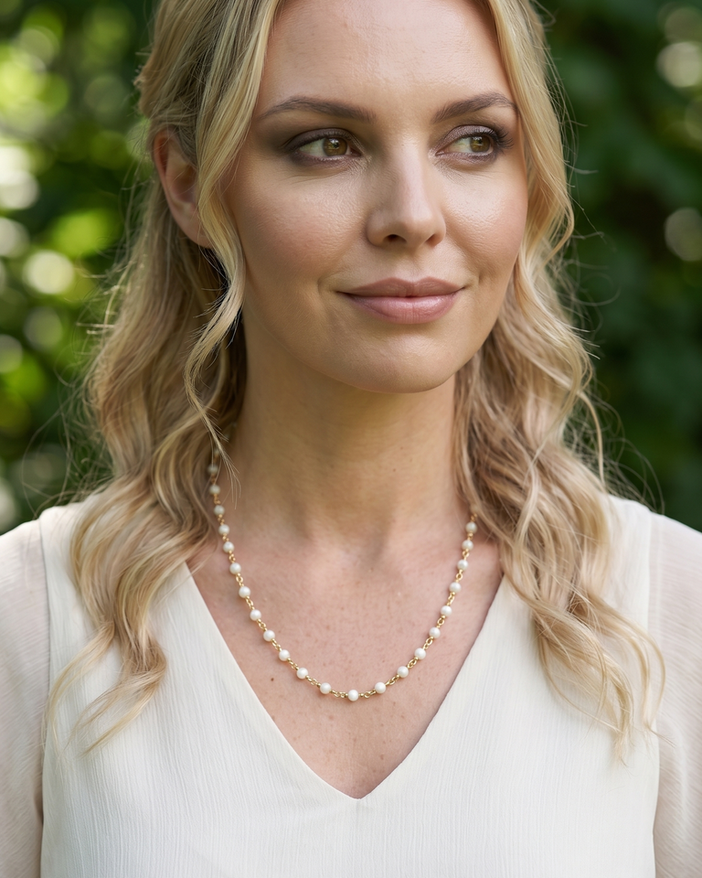 Gold-Plated Silver Rosary Necklace with Pearls
